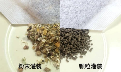 两种材质和填充物的四角茶包